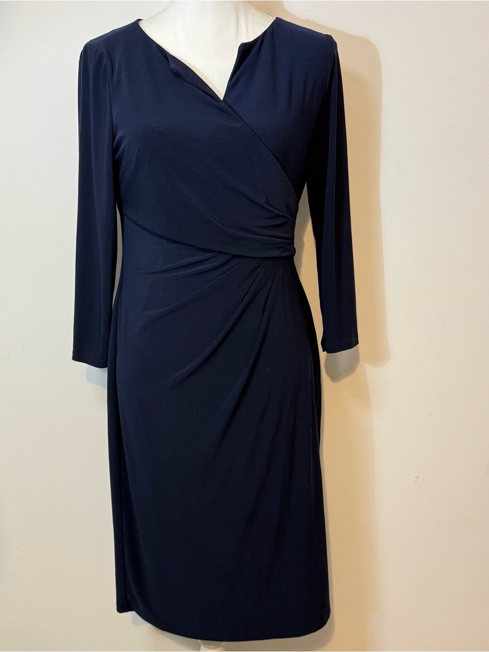 Lauren Ralph Lauren Navy Blue Ruched Faux Wrap Dress Size 6